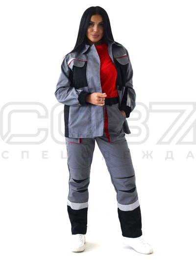Костюм рабочий женский Кейп с СОП цв.серый чёрный красный тк.смесовая (куртка+брюки) 1